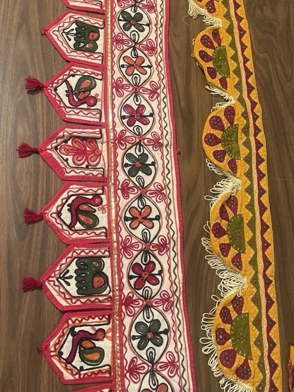 Vtg lot of 2 Toran valances/ boho wallhangings hand embroidered mirrors